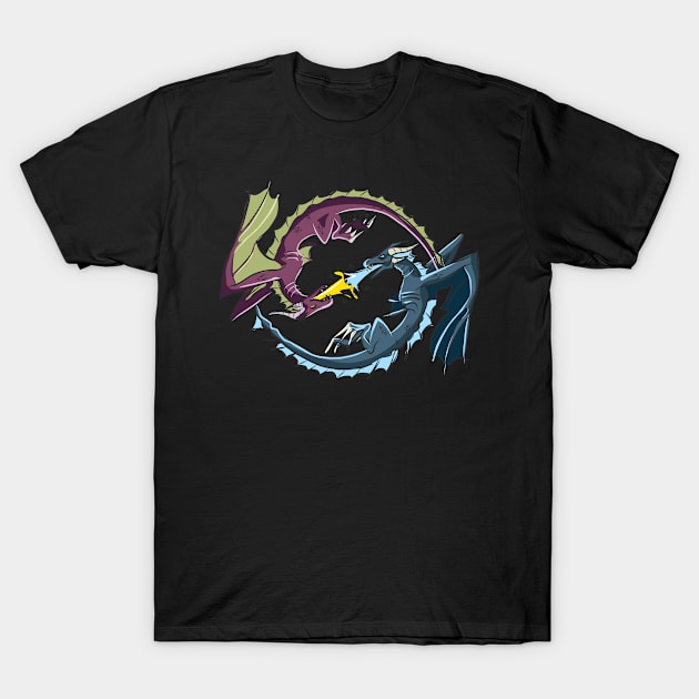 Fire dragon, and Ice Dragon Battle In a Circle design T-Shirt by Bluebird Moon